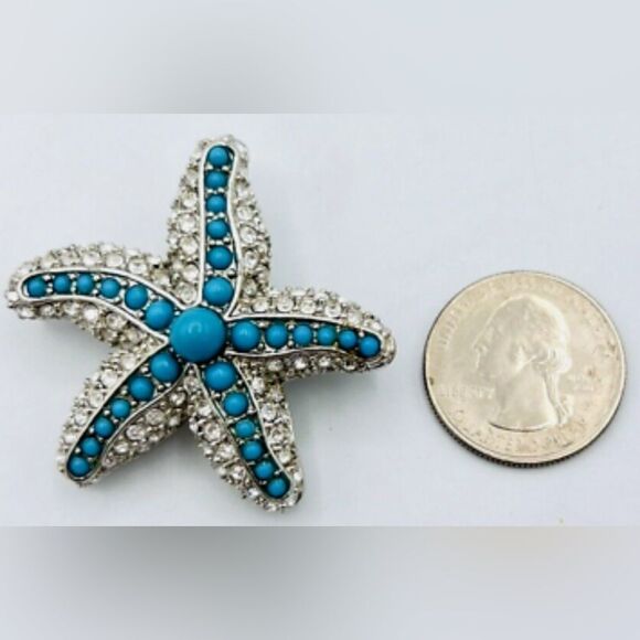 Stella & Dot Silver Tone Faux Turquoise Rhinestone Starfish Brooch Pendant - Picture 9 of 9